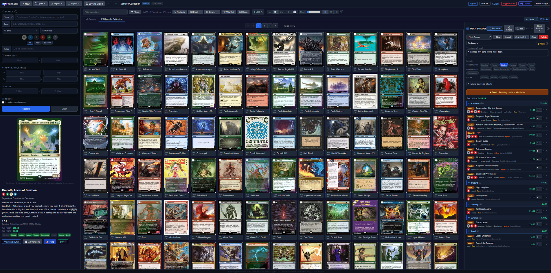The Wizbook collection browser: card images in a grid with prices, filters and set totals