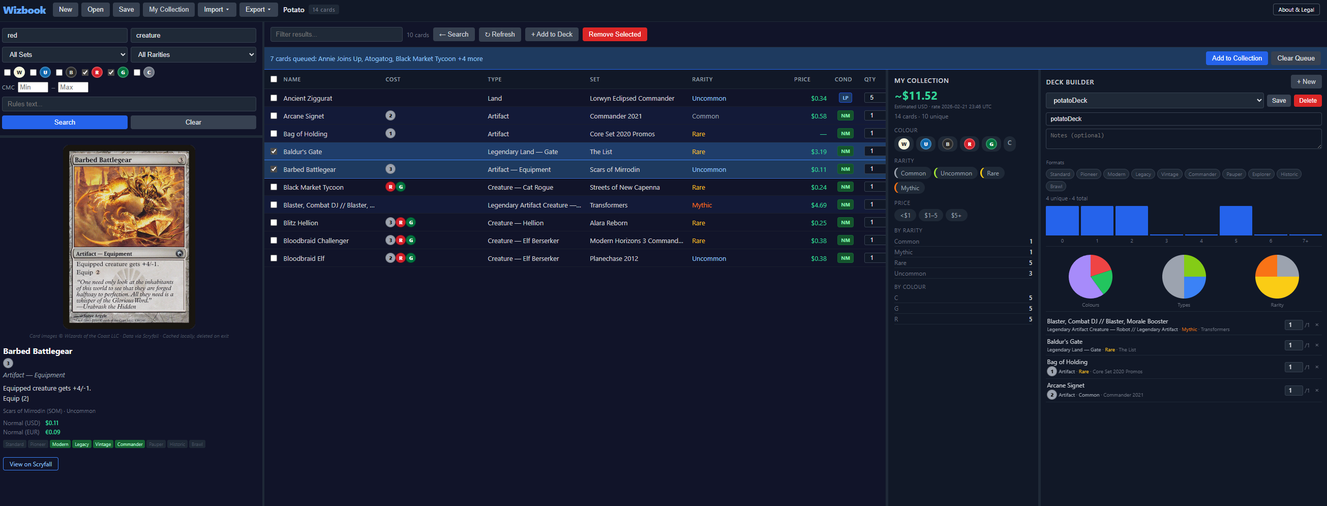 Collection view with stats and deck builder