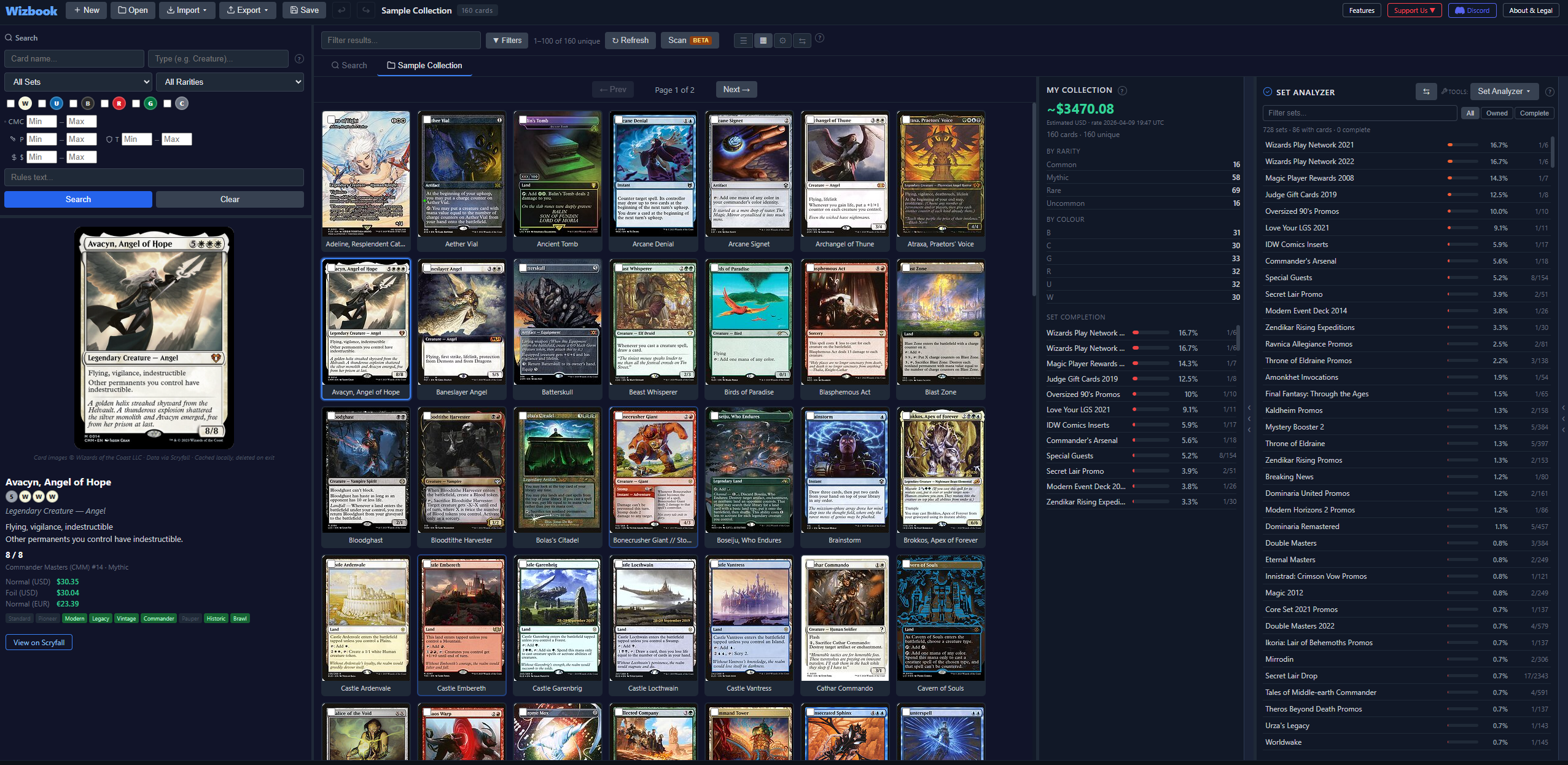 Set Analyzer showing set completion percentages and missing card breakdown