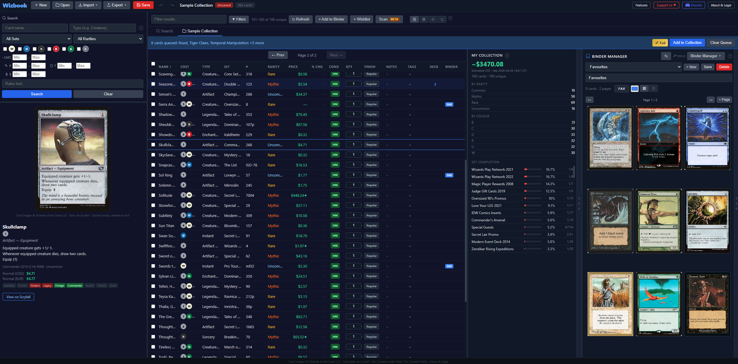 Binder manager with grid view of cards