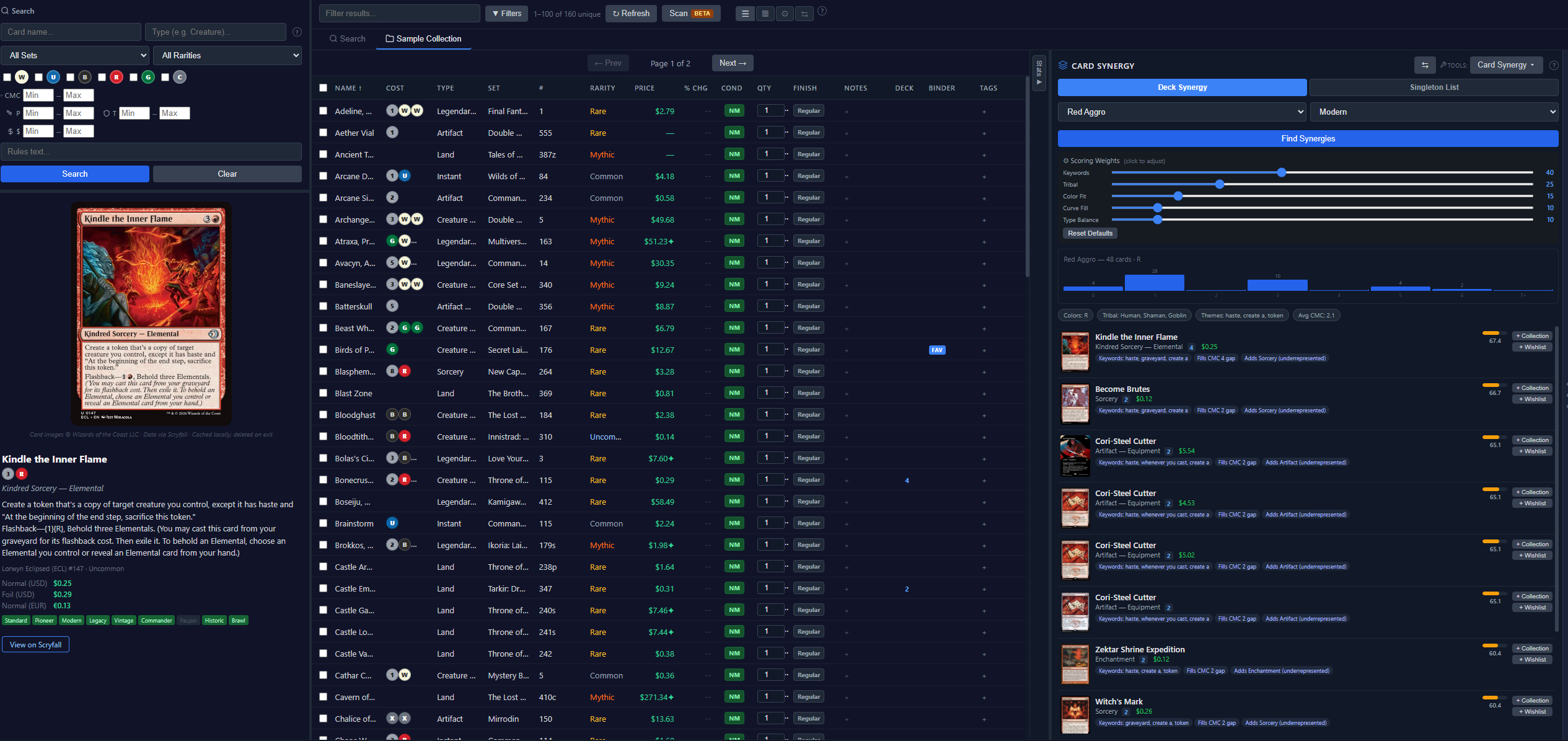 Card Synergy tool showing suggested cards with synergy scores and reasons