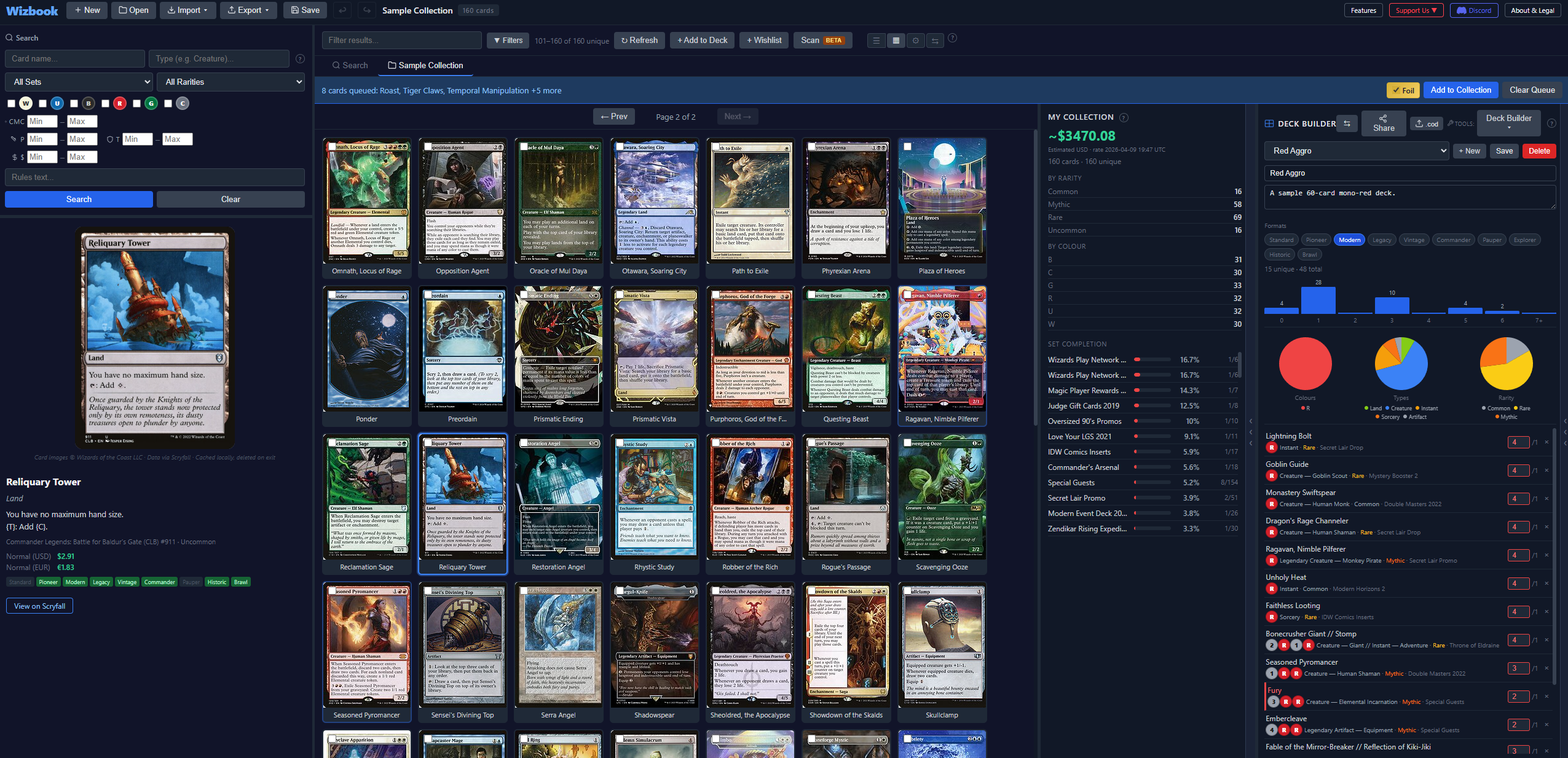 Deck Builder showing mana curve and card list
