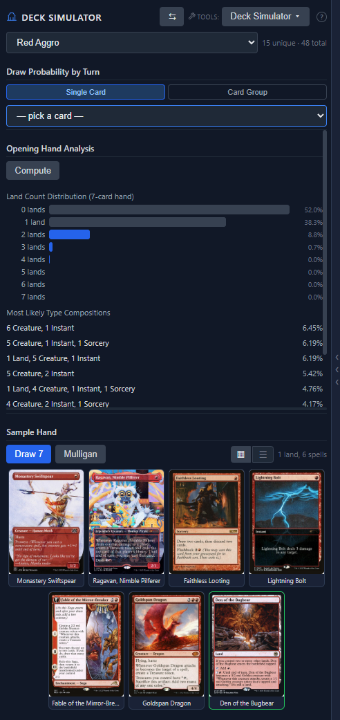 Deck simulator with probabilities and sample hand