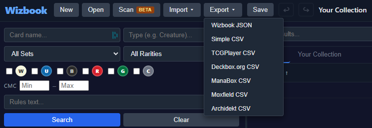 Export dropdown showing Wizbook JSON, TCGPlayer, Deckbox, ManaBox, Moxfield, and Archidekt formats