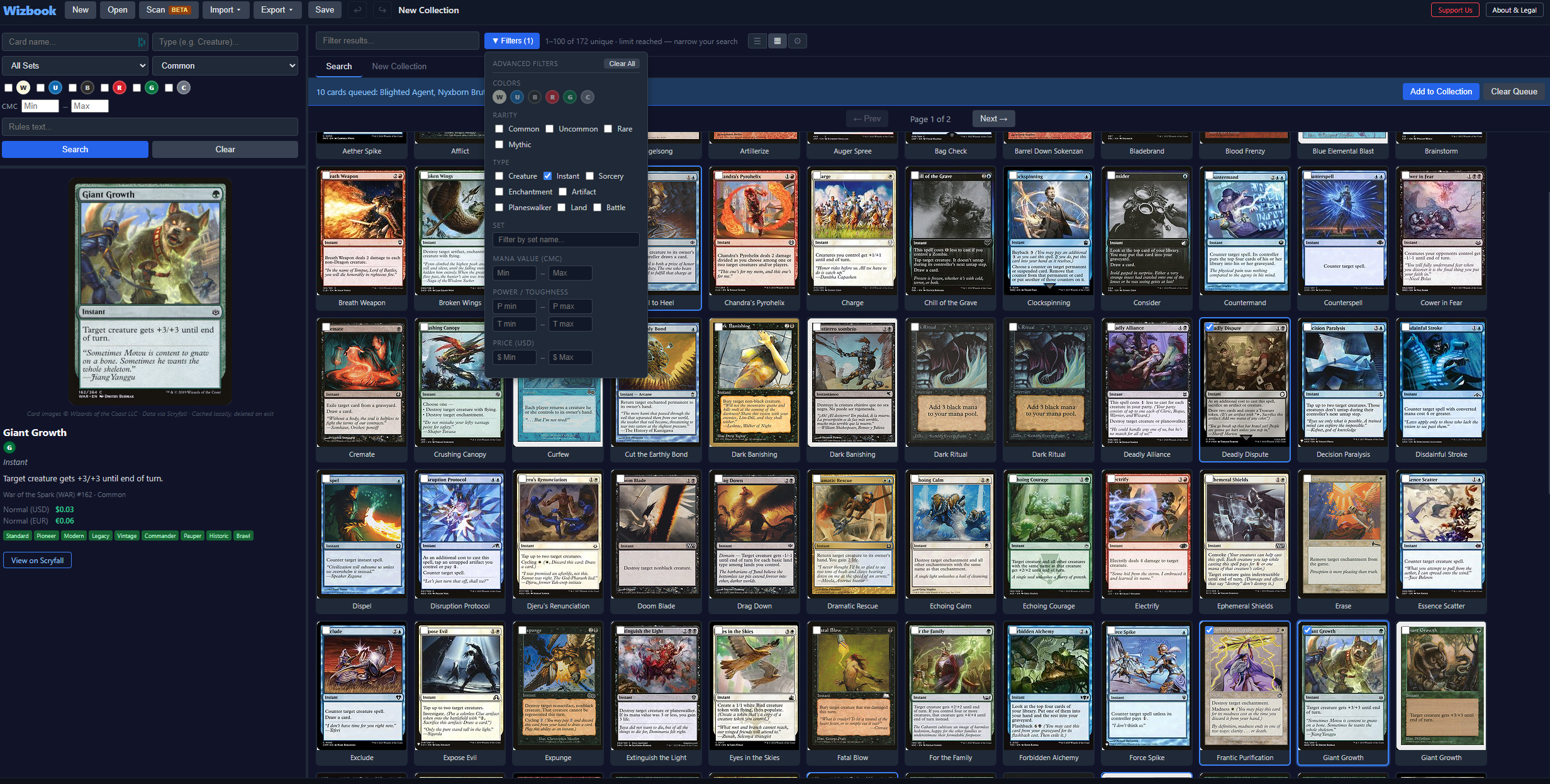 Wizbook search interface showing card results with filters and card viewer