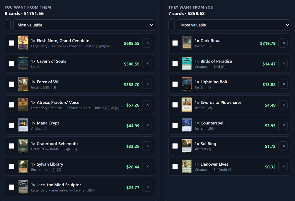 WizMatch showing both sides of a trade as card lists with prices and the difference